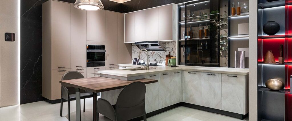 Grey kitchen cabient with glass door plcc22046